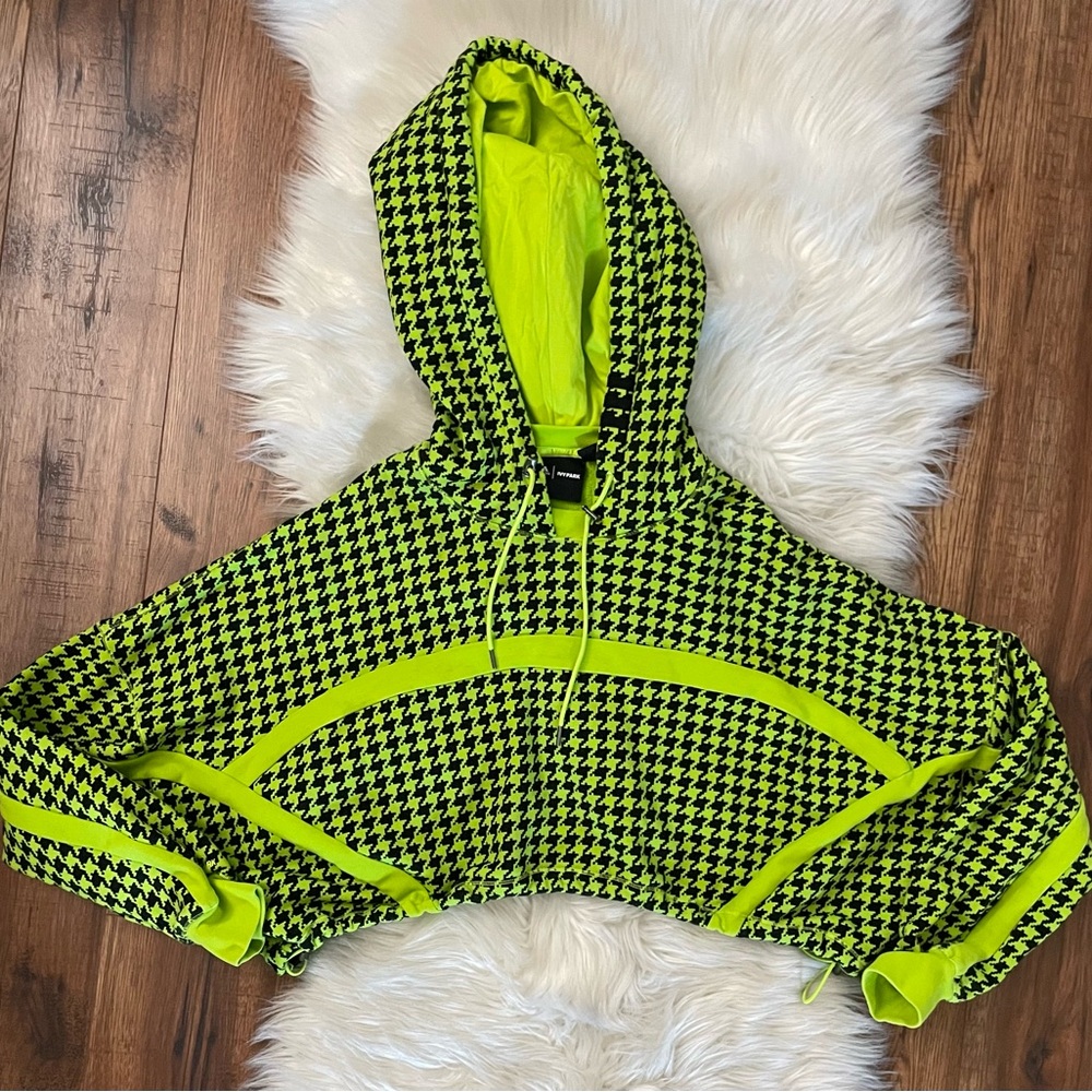 Adidas x Ivy Park Womens Houndstooth Print Cropped Hoodie Sweater Size S Green